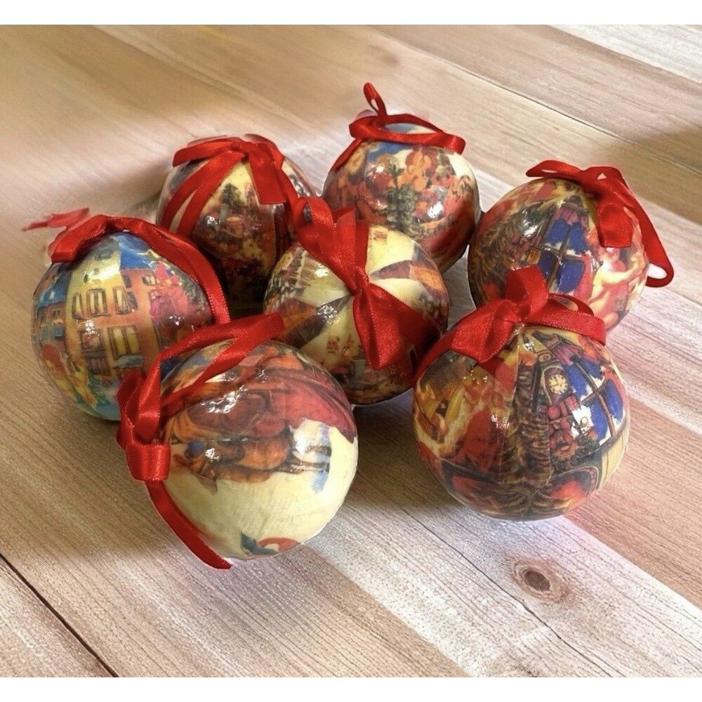 Vintage Old World Santa Cherub Paper Mache Christmas Ball Ornaments Set Of 7